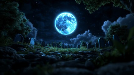 Night Cemetery with Full Moon and Stars