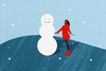 Sticker - Sketch composite trend 3D collage of season advent Christmas holiday greeting card happy winter young lady stand huge snowman outdoors