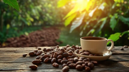 cocoa cup and cocoa beans on wooden table with cocoa plantation background
