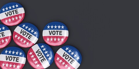 Vote on US America election, text and USA flag colors on pin badges.