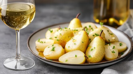 White wine with honey-roasted pears, dessert plate, soft lighting, 3D illustration