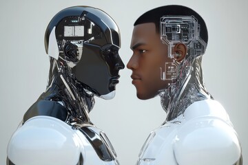 Poster - Deep learning synthetic biology pattern recognition neural stimulation and hyperreality two cyborg men facing each other highlighting the duality of technology and human identity