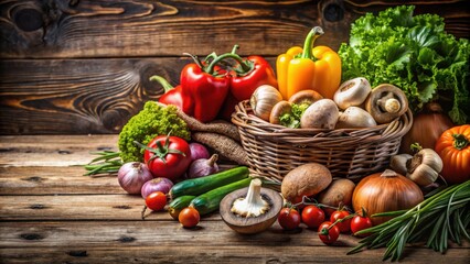 Fresh harvest vegetables and forest mushrooms for vegetarian cooking on rustic wooden background