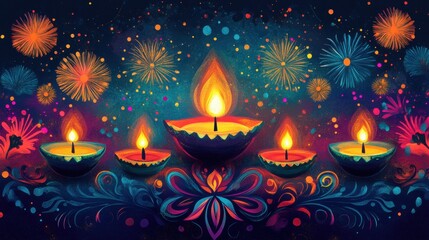 Poster - Vibrant Diwali vector design featuring a colorful arrangement of traditional elements like diyas