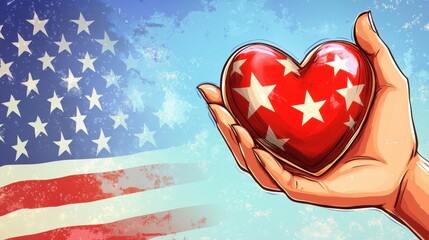 Wall Mural - Patriotic Love - Hand Holding Heart with USA Flag Design on American Flag Background under Blue Sky | Illustration