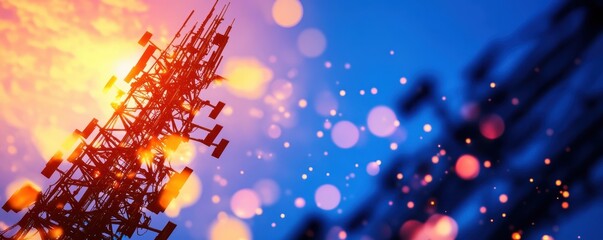 A vibrant sunset background highlights a telecommunications tower, showcasing technology against a colorful bokeh effect.