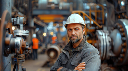 Wall Mural - Worker uniform industrial plant, makes survey, checking equipment against background