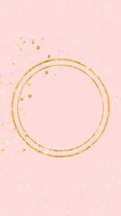 Sticker - golden circle frame on soft pink paper texture, gold glitter shiny stars and particles, abstract cosmetic and fashion background