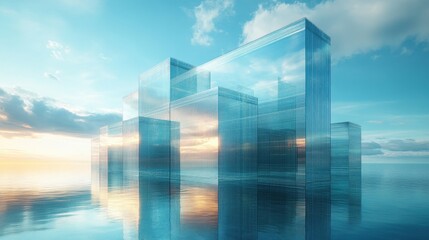 Poster - Layers of transparent glass panels stacked in a dynamic formation