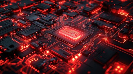 Poster - Vivid futuristic red technology backdrop showcasing intricate glowing circuits and hexagonal shapes
