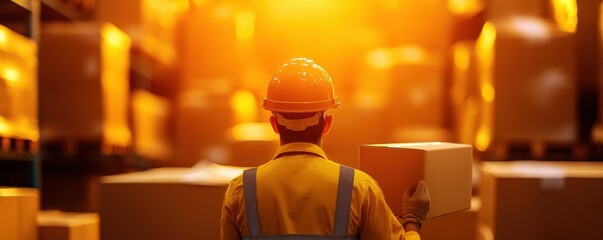 A worker in a safety helmet holds a box in a brightly lit warehouse filled with stacked packages, symbolizing logistics and efficiency.