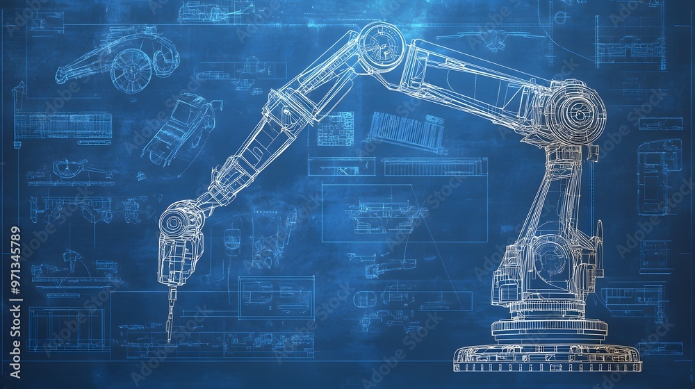 Blueprint of an industrial robotic arm design. Stock Photo | Adobe Stock