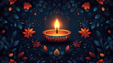 Poster - Traditional Diwali card design showcasing a beautifully illustrated diya surrounded by floral and geometric patterns