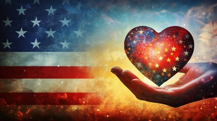 Wall Mural - Patriotic Love - Abstract image of heart in hand with stars and stripes, against American flag backdrop and USA silhouette