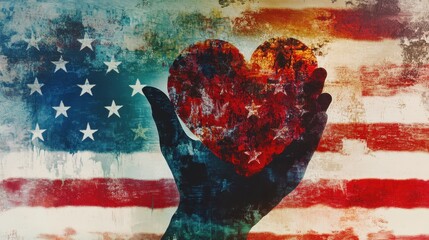 Wall Mural - Patriotic Love - Abstract heart in hand with stars and stripes on American flag background