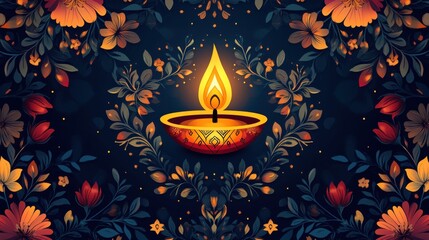 Poster - Traditional Diwali card design showcasing a beautifully illustrated diya surrounded by floral and geometric patterns