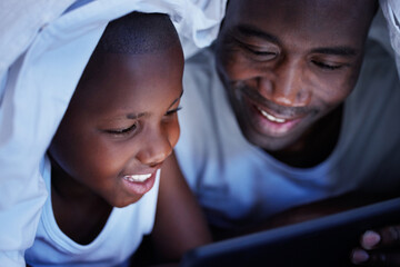 Sticker - Black family, night and dad with son, tablet and playing with blanket, social media and online game. African parent, boy and father in house, tech and internet with digital app and bonding together