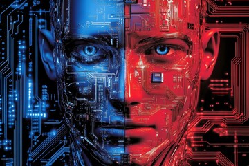 Canvas Print - Synthetic biology predictive modeling cognitive augmentation neural plasticity and neurostimulation dual faced robot with blue and red lights symbolizing the split between ai and human emotions