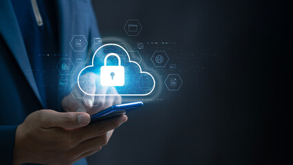 Leinwandbilder - Cloud Security and Mobile Data Protection. Person using a smartphone with secure cloud icons, emphasizing cloud security, data protection, and safe document handling in mobile finance.