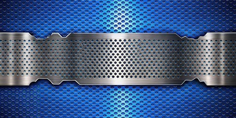 Blue metal perforated background with torn stainless steel element, modern industrial design