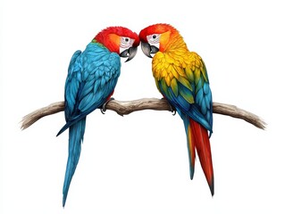 Naklejka na meble A pair of vibrant macaws perched closely on a branch, showcasing their stunning feathers and colorful features.