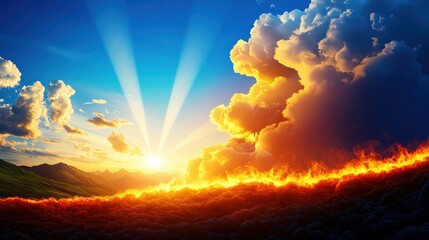 A vibrant sunrise with fiery clouds and radiant rays illuminating the sky, creating a breathtaking natural landscape.