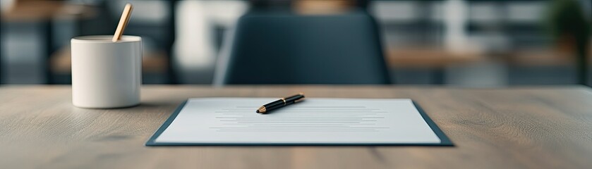 A clean workspace featuring a blank document, pen, and coffee cup, perfect for business, writing, and creativity.