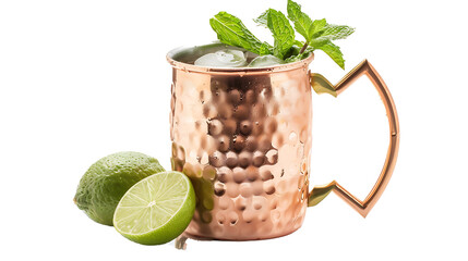 Moscow mule served in a copper mug with a lime wedge and mint sprig, isolated on a white background