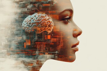 Wall Mural - Cognitive computing deep neural network nanotechnology autonomous vehicles and photonic computing female portrait with a visible brain and digital circuitry integration of ai and human consciousness