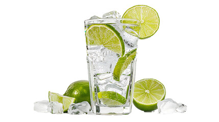 Gin and tonic with lime wedges and ice cubes in a tall glass, crisp and refreshing, isolated on a white background