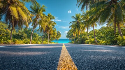 Asphalt road on a tropical island with coconut palm trees and a blue sky, symbolizing a car journey, summer vacation, or business trip adventure

