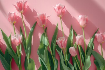 Poster - A row of pink flowers with green stems are arranged on a pink background. The flowers are in full bloom and the arrangement is very pleasing to the eye