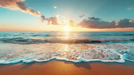 Wall Mural - Sunset Over Ocean with Foamy Waves on Sandy Beach