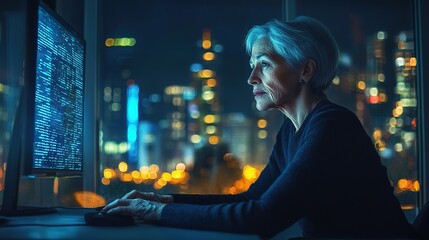 Focused elderly woman working at night in the city