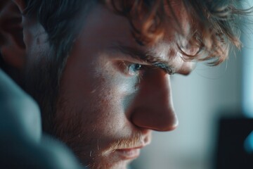 Wall Mural - A man with a beard and red hair is looking at a computer screen. Concept of focus and concentration as the man stares intently at the screen