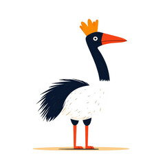 A cartoon black-necked stork with an orange crown,  standing on a wooden plank, isolated on black background.