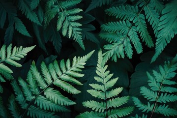 Wall Mural - A close up of green leaves with a dark background. The leaves are large and green, and they are arranged in a way that creates a sense of depth and dimension