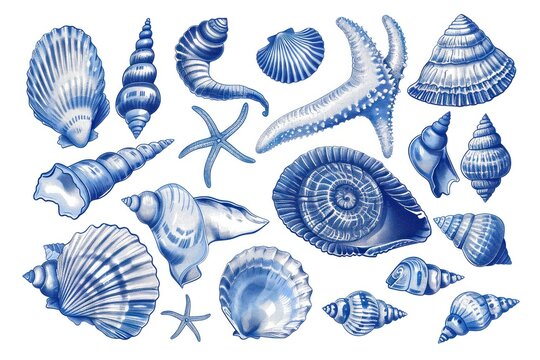 Vector illustration of various seashells and starfish. Drawn in blue ink on a white background seashell fossil.