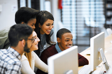 Aufkleber - People, education and computer lab in university with teamwork, collaboration and success in IT course. Students, technology and scholarship in college with desktop, internet and software in research