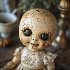 Wall Mural - Creepy Halloween doll with cracked porcelain face, dark eyes, eerie smile, haunted object