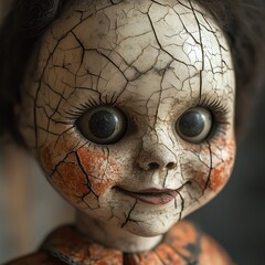 Creepy Halloween doll with cracked porcelain face, dark eyes, eerie smile, haunted object