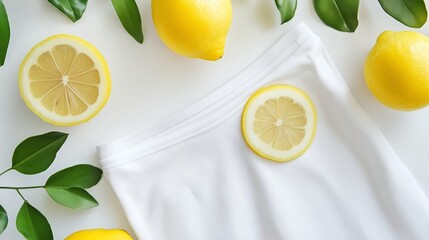 Poster - fresh lemons arranged around a white cloth with green leaves on a light surface during daylight