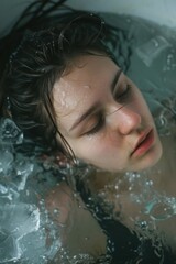 Wall Mural - A woman is in a bathtub with ice in the water. She is looking down at the water