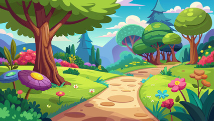 Footpath in summer forest with color flowers. Vector cartoon illustration of beautiful woodland landscape, green grass, bushes and old trees on glade, fantasy spring park, adventure game background