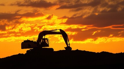 A large construction machine is silhouetted against a beautiful sunset