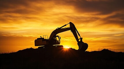 A large construction machine is silhouetted against a beautiful sunset