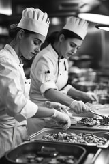 Wall Mural - Two women chefs are preparing food in a kitchen. They are wearing white coats and hats. The kitchen is well-equipped with various utensils and appliances. The atmosphere is busy and focused