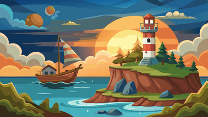 Lighthouse island view from old wooden ship board at night and day time. Vector cartoon illustration of nautical tower on rocky land, beautiful sunrise and sunset over sea water. Game adventure voyage