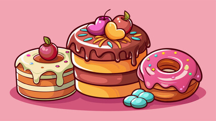 Vector donut cake set cartoon icon illustration. Isolated doughnut food dessert with chocolate and icing for birthday or breakfast. Yummy sweet glazed dough bakery with caramel and cream drawing.