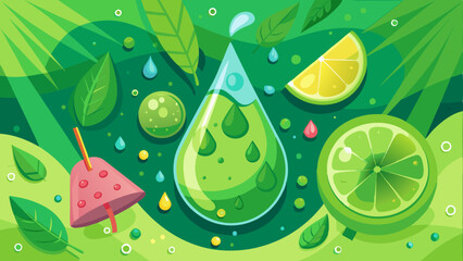 Green background fresh rain water drop vector texture. Cold droplet on summer fruit juice or soda for refreshing. Mojito cocktail abstract surface condensation pattern. Shower macro illustration